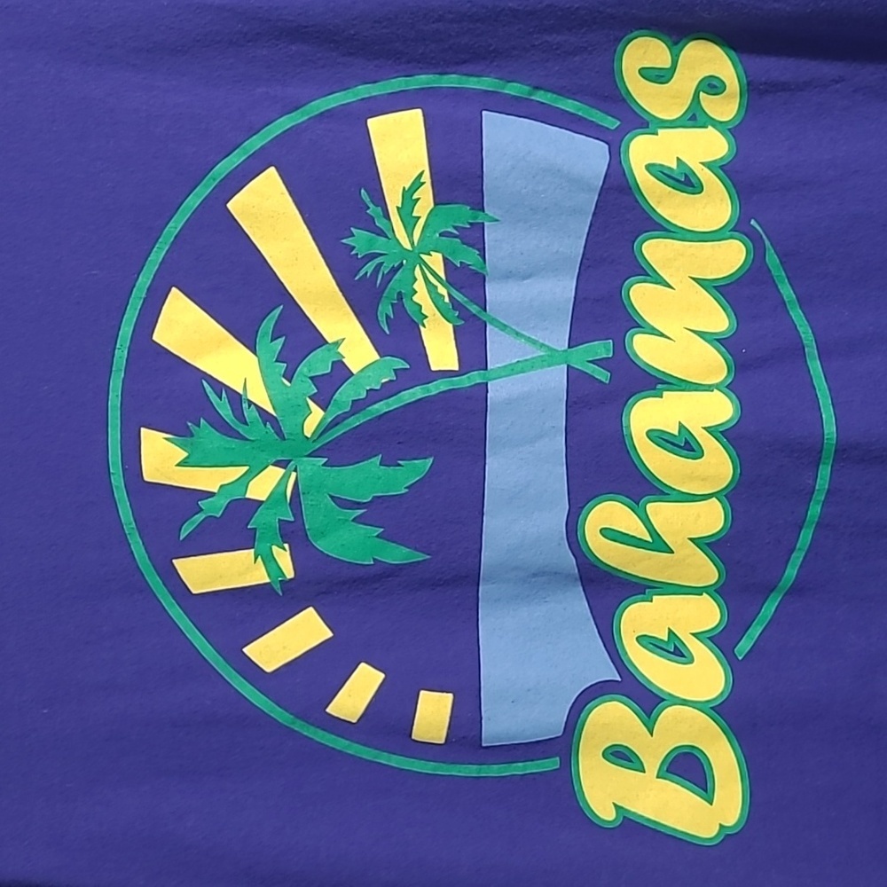 Vintage 90s Bahamas Rising Sun Beach Tropical Graphic Print Navy Blue Tee Mens L - Picture 5 of 15
